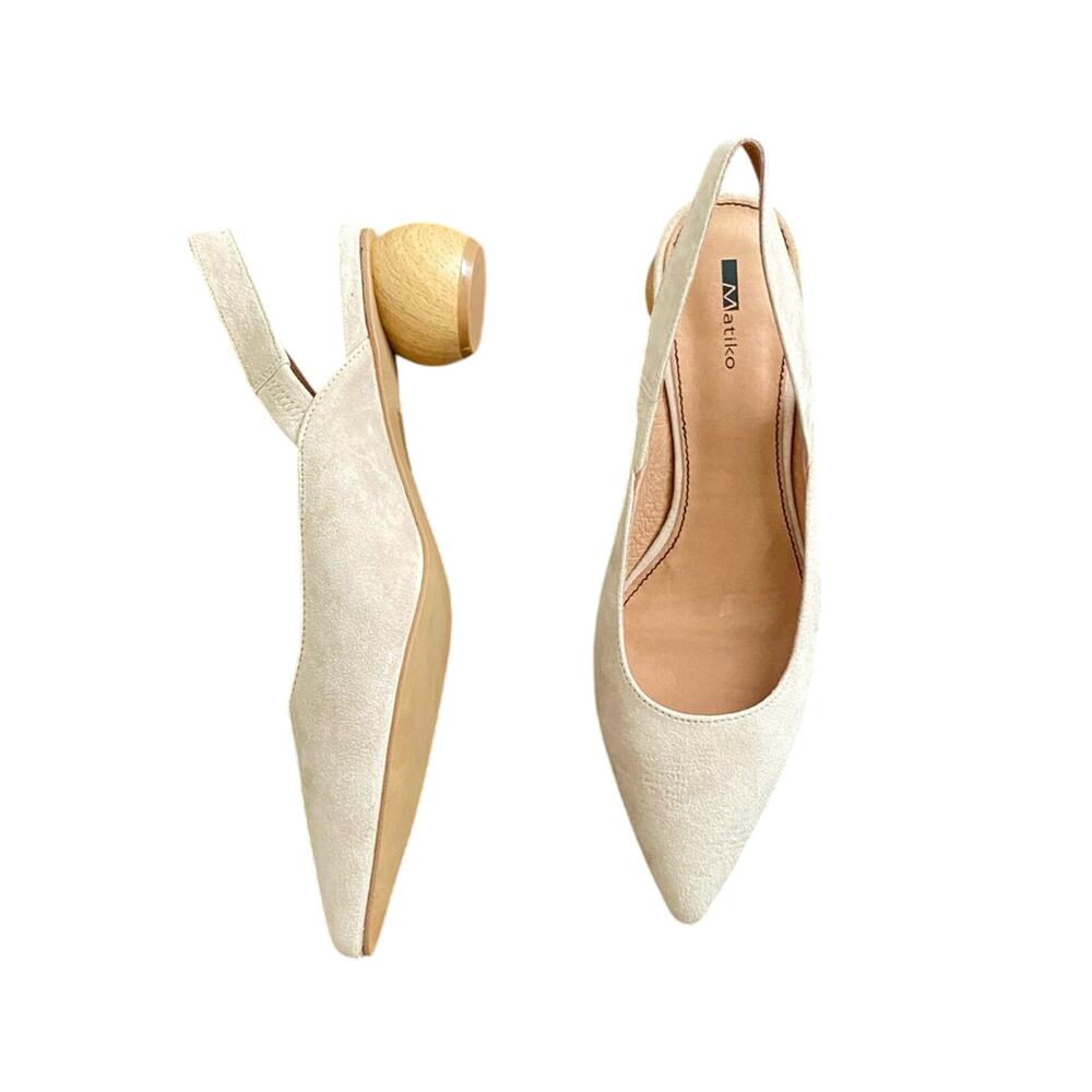 NIB Matiko Minimal Circa Peach Suede Pointed Toe Slingback Block Heel Sandal